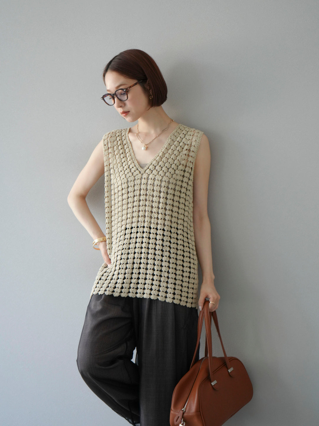 [予約]レースアップクロシェ編みニットベスト/ベージュ