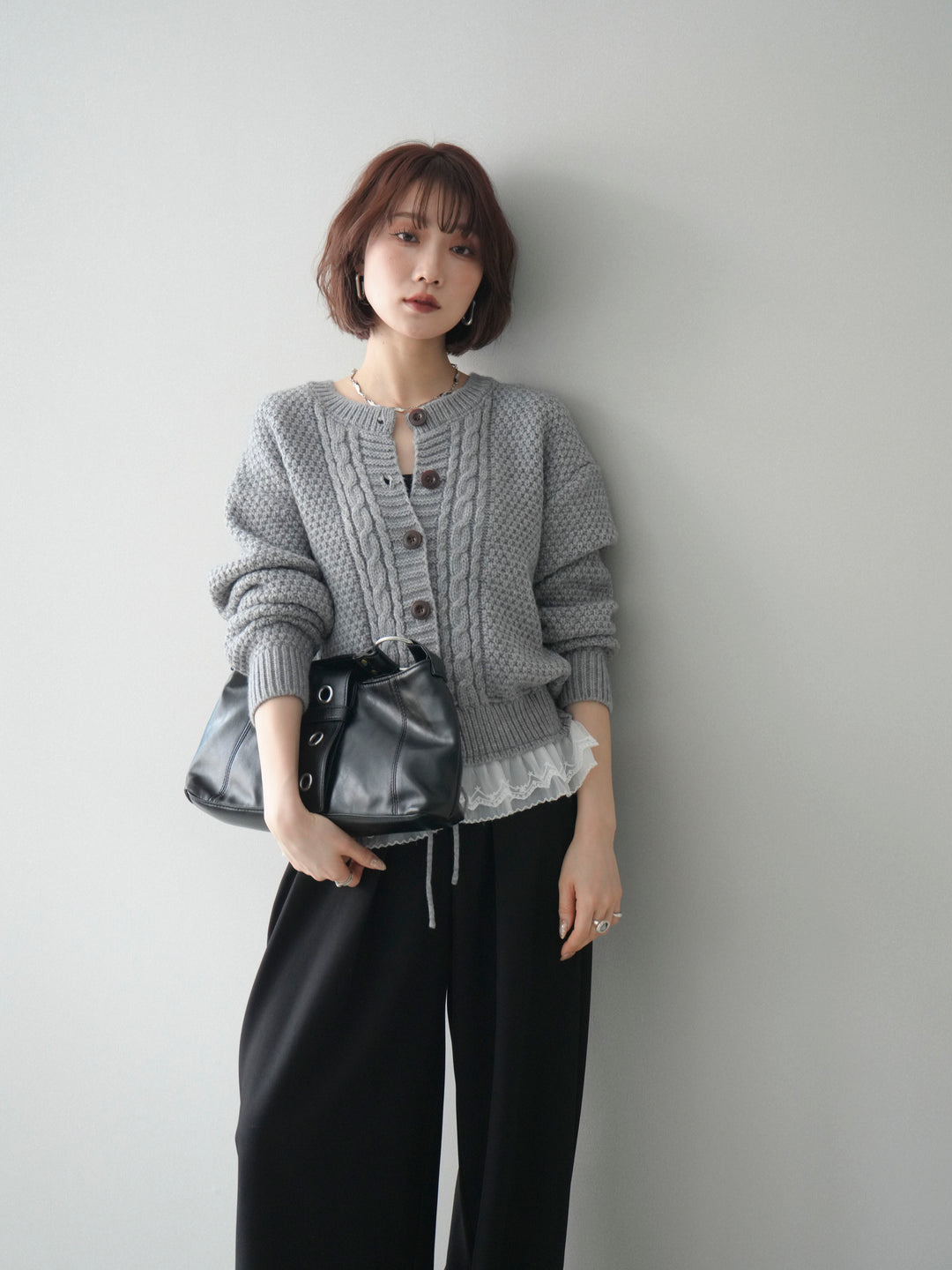 [SET]裾レースケーブルニットカーディガン+裾レースケーブルニットカーディガン(2set)