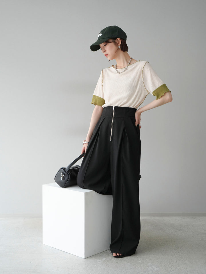 [SET] 百褶同色船領套頭衫 + 拉鍊褶襉寬褲 (2 套)