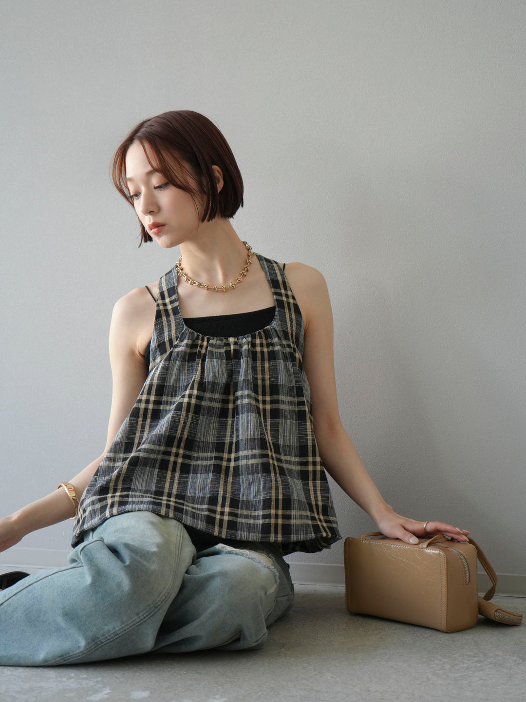 [予約]チェッククロスキャミプルオーバー/ブラック