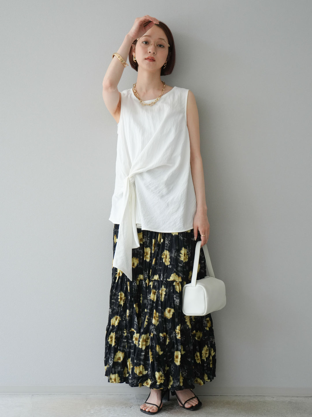 [SET]フロント巻きノースリーブブラウス+フラワーワッシャーロングスカート(2set)