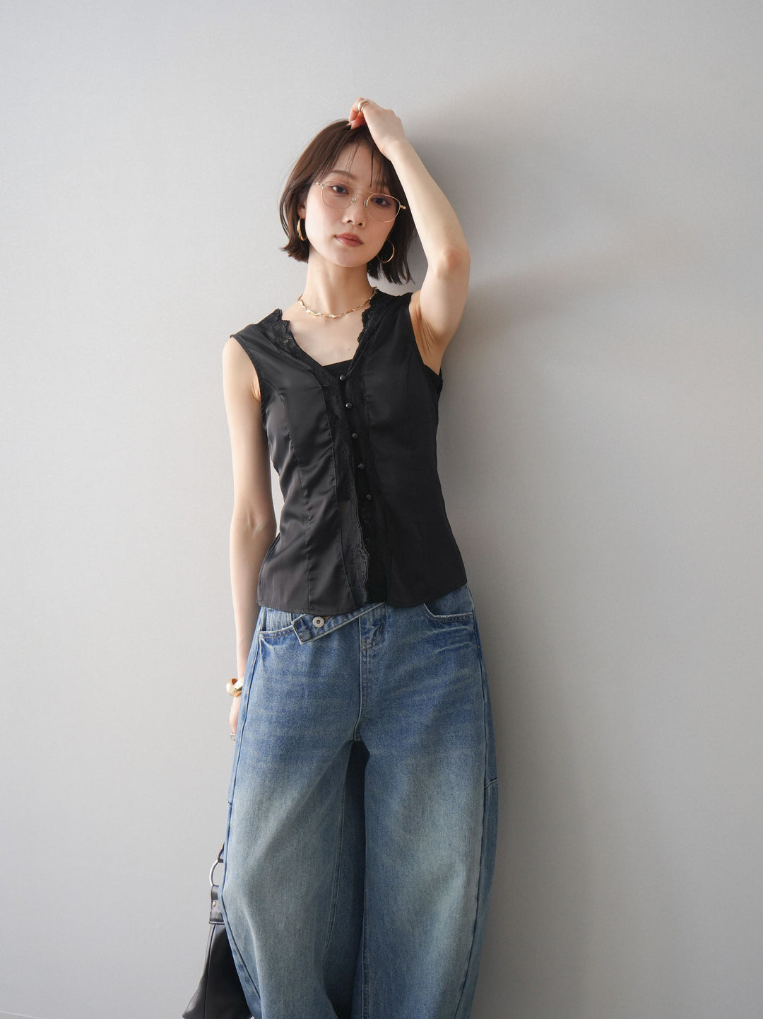 [予約]ノースリサテンレースキャミソール/black