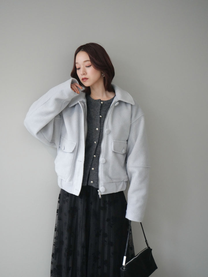 [SET]ウールライクフライトジャケット+アンティークボタンニットカーディガン+フラワーフロッキーチュールプリーツスカート(3set)