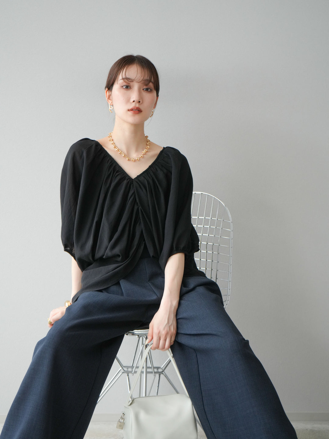 [SET]ボリュームスリーブシアータックブラウス+リネンライクイージーワイドパンツ(2set)