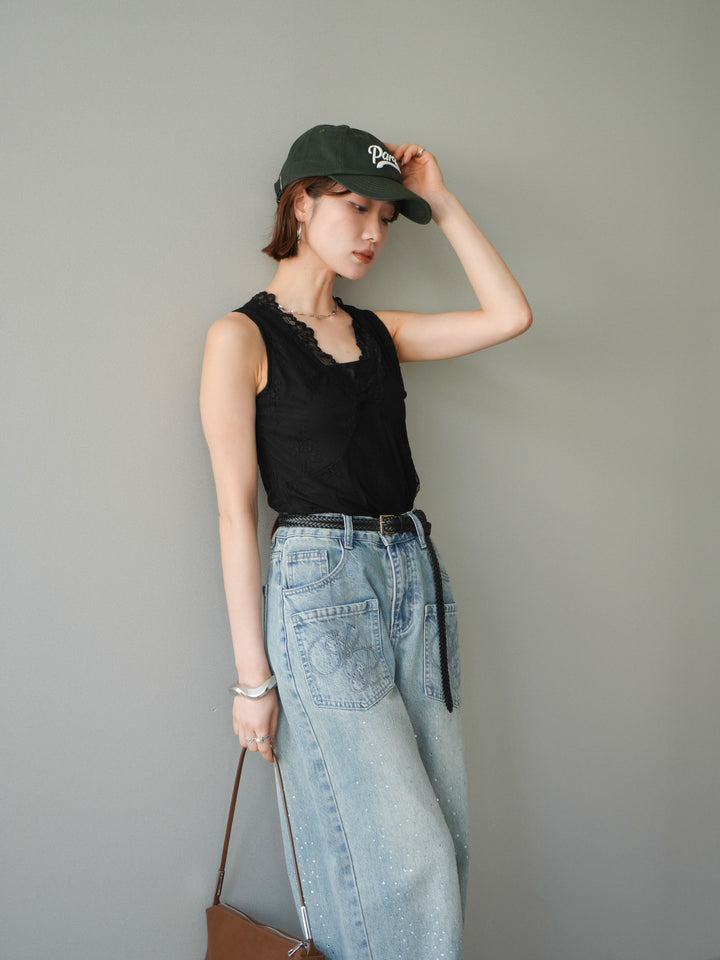 [予約]シアーストレッチレースノースリーブトップス/black