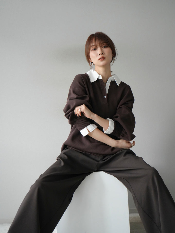 【SET】翻領polo針織套衫+雙褶闊腿褲（2件組）