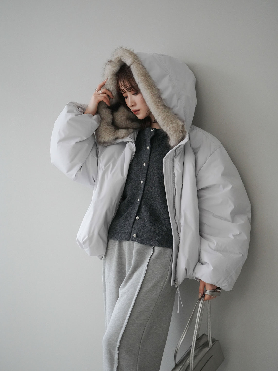 [予約]フードファーショートダウンコート/lightgray