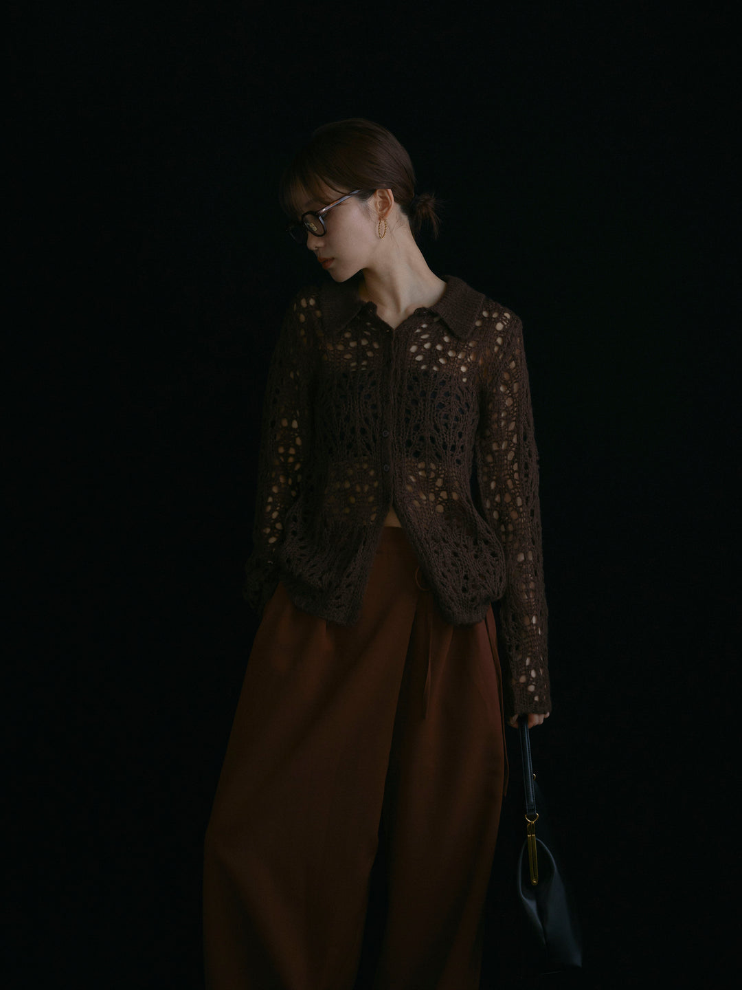 【Allure】[SET]ローゲージ透かし編みポロニッカーディガン+ラップデザインタックワイドパンツ(2set)