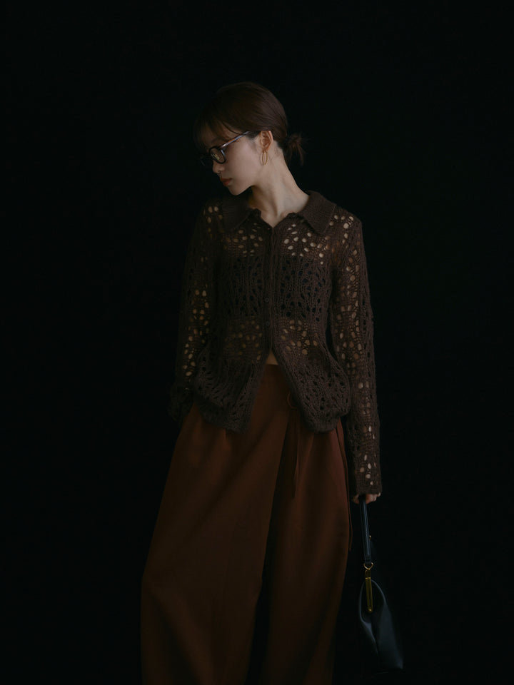 【Allure】[SET]ローゲージ透かし編みポロニッカーディガン+ラップデザインタックワイドパンツ(2set)