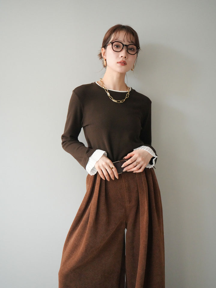 [予約]袖プリーツ配色レイヤードトップス/brown