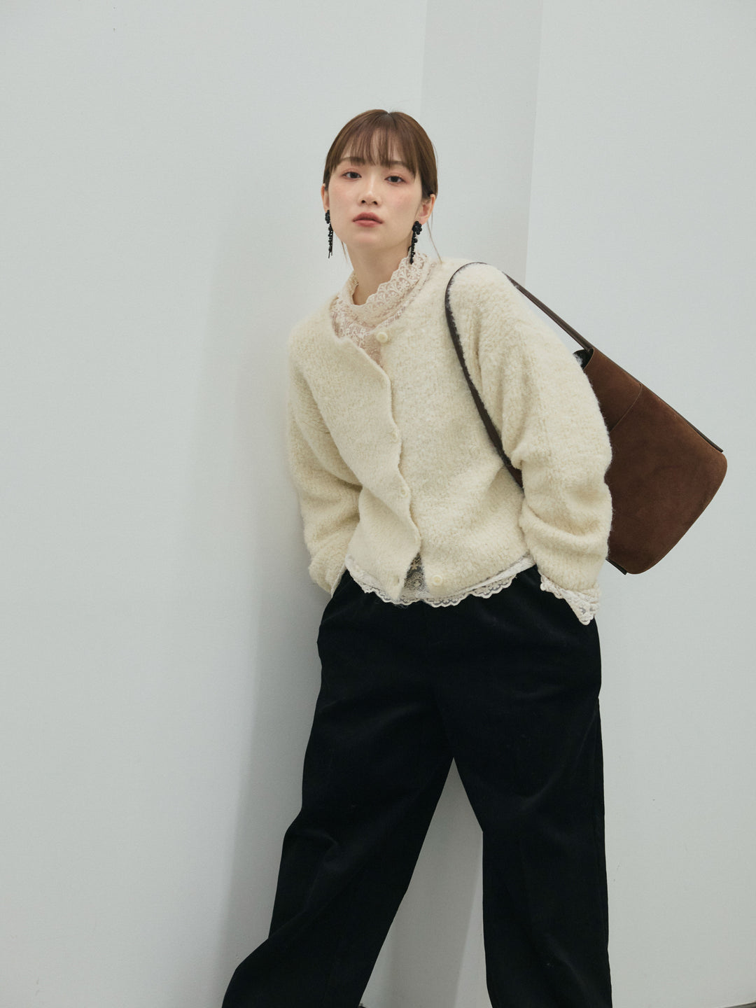 【Allure】[SET]ブークレニットカーディガン+ハイネックレーストップス+コーデュロイタックワイドパンツ(3set)