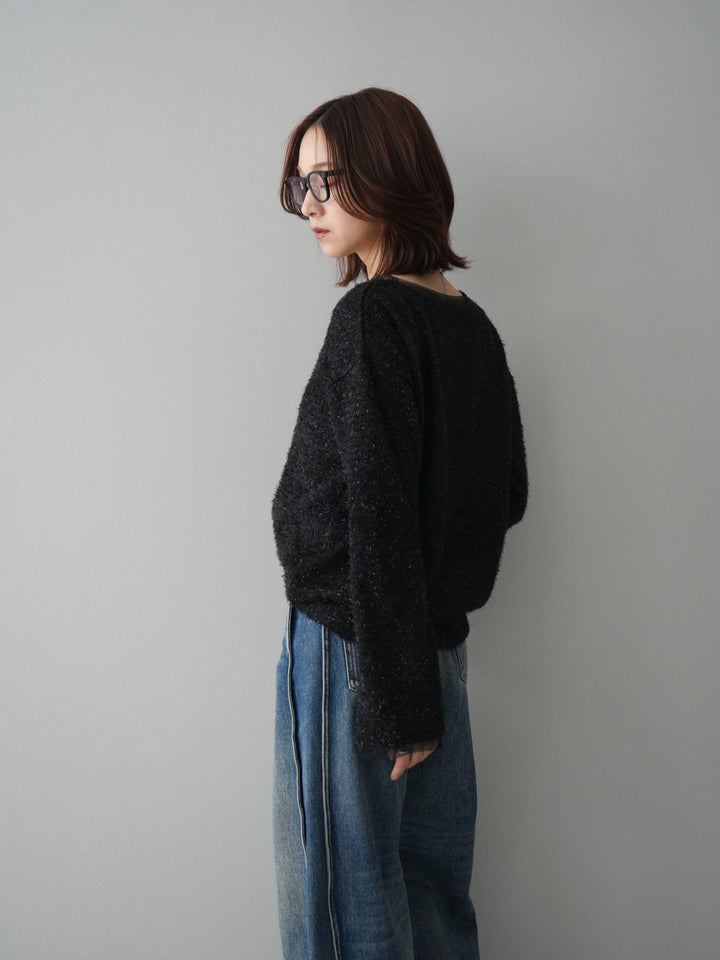 [SET]ラメシャギートップス+サイド切替カーブデニムパンツ(2set)