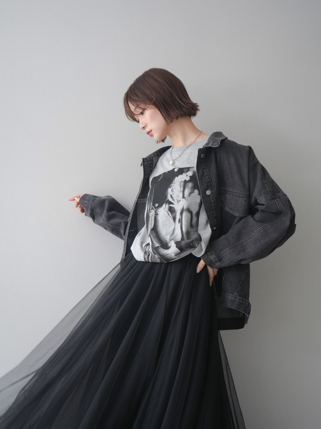 [SET]ルーズシルエットデニムジャケット+チュールボリュームスカート(2set)