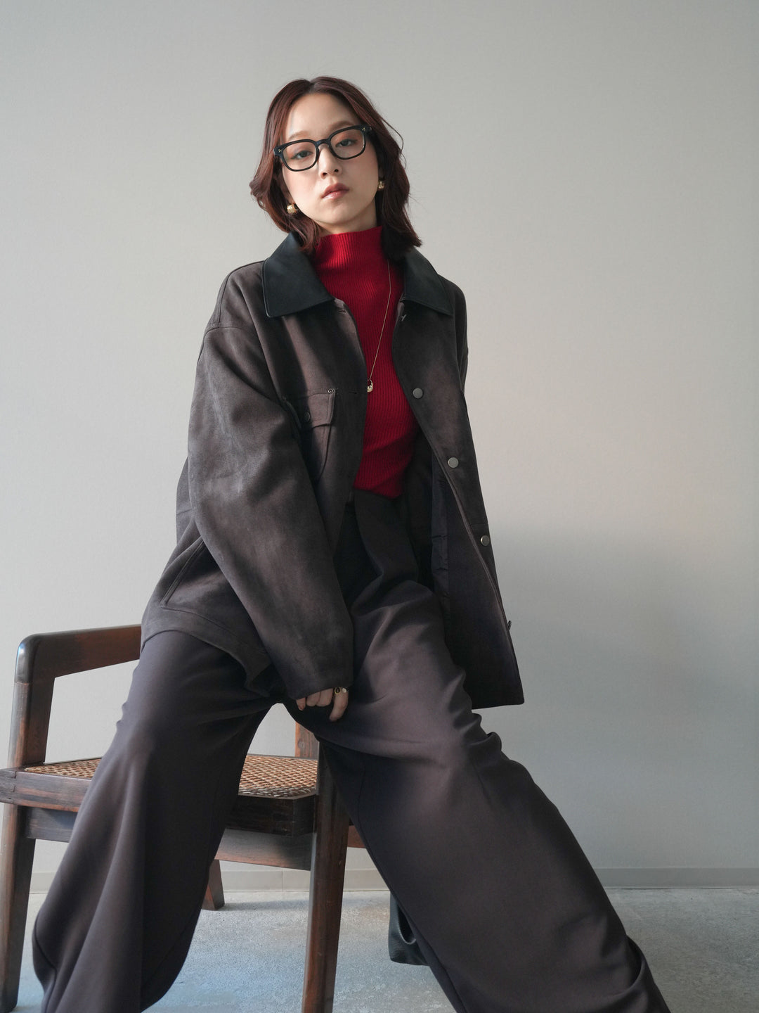 [SET]襟レザーステンカラースエードジャケット+袖ボタンボトルネックリブニットトップス+ベルトループデザインワイドパンツ(3set)