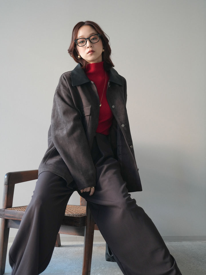 [SET]襟レザーステンカラースエードジャケット+袖ボタンボトルネックリブニットトップス+ベルトループデザインワイドパンツ(3set)