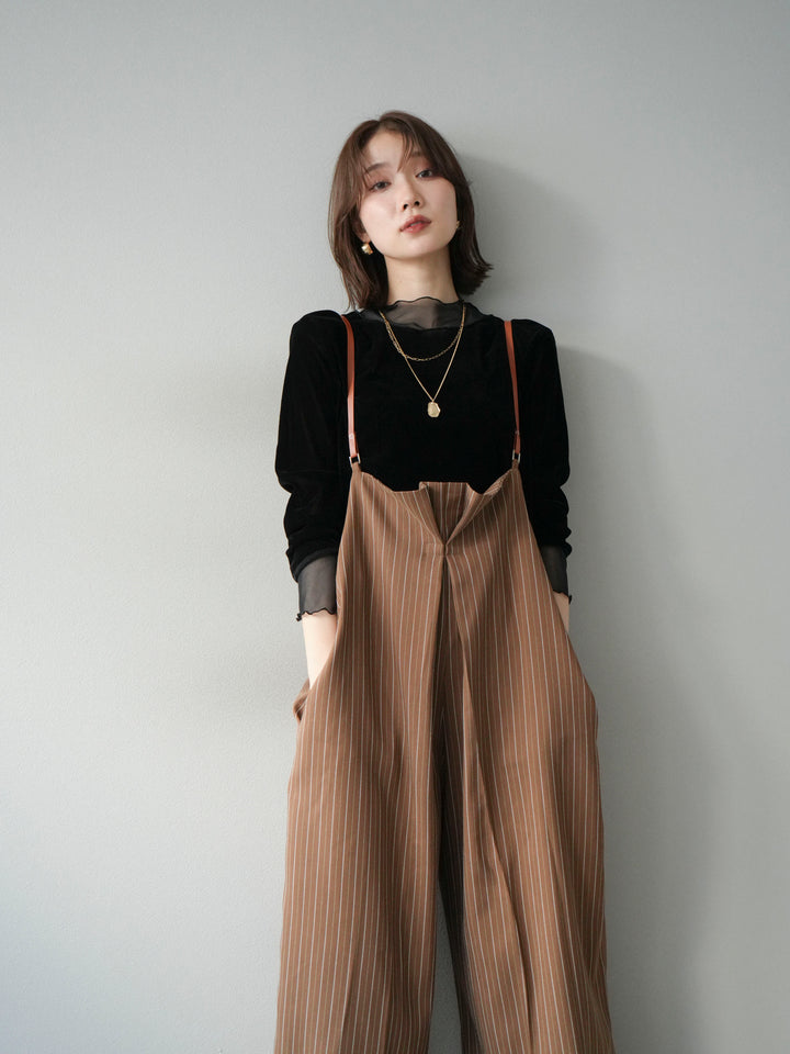 【着回しセット】[SET]ヘリンボーンストライプジレ+シアー切替ベロアトップス+ヘリンボーンストライプサロペット(3set)