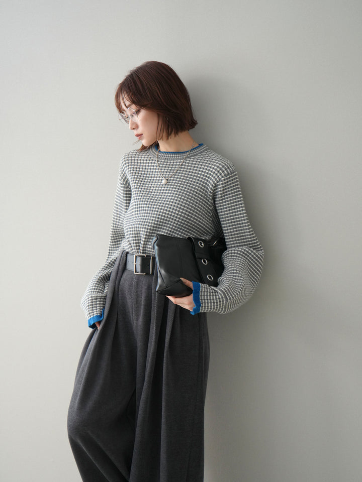 [予約]ラメ異素材ボーダーリブニットプルオーバー/charcoal×blue