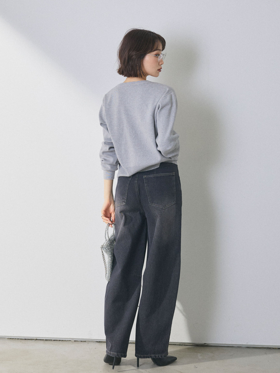 【Allure】[SET]ミニポケットニットカーディガン+アシメカーブデニムパンツ(2set)