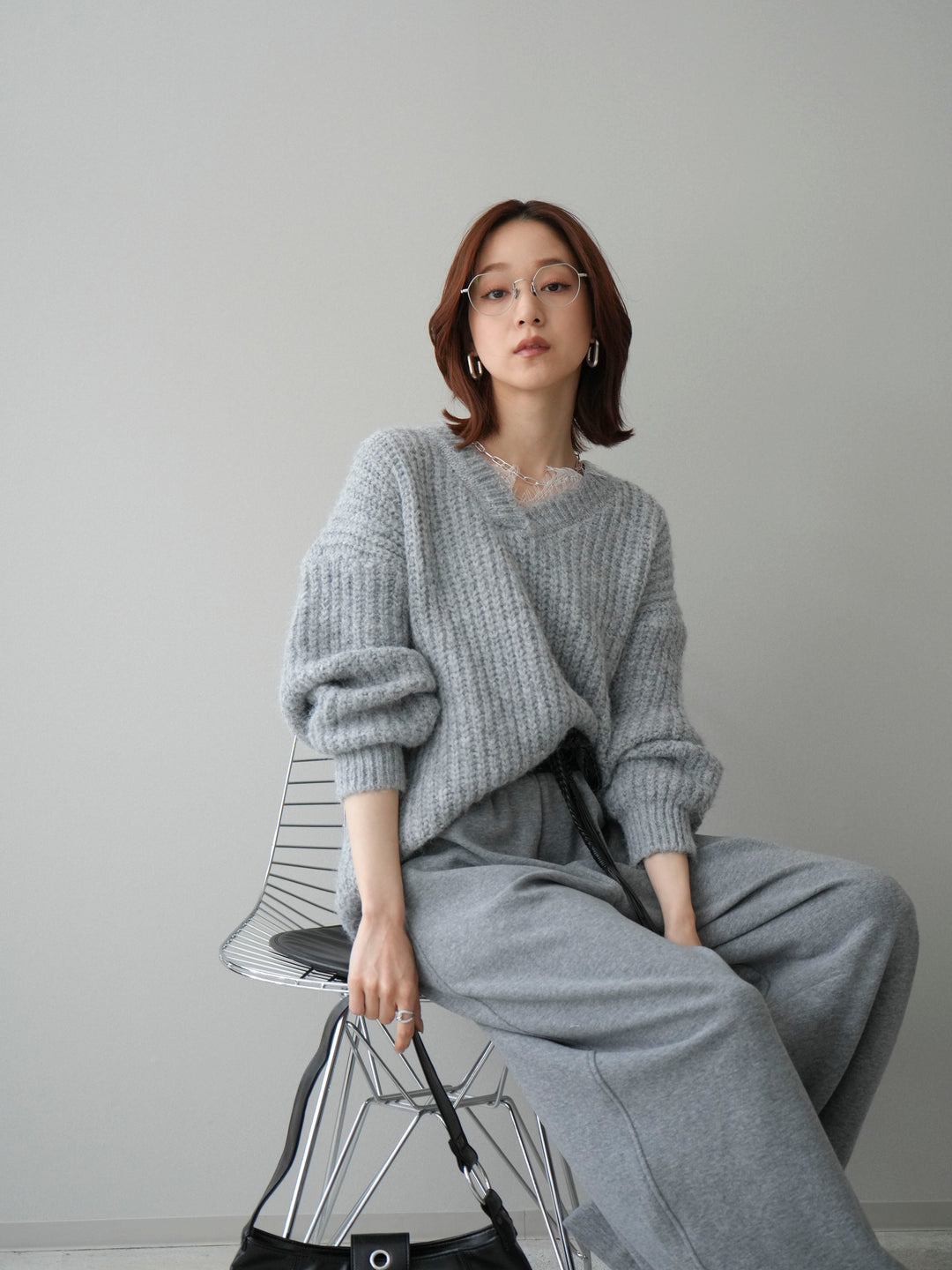 [SET]Vネックレースニットプルオーバー+編み込みベルト付きウエスト配色スエットパンツ(2set)