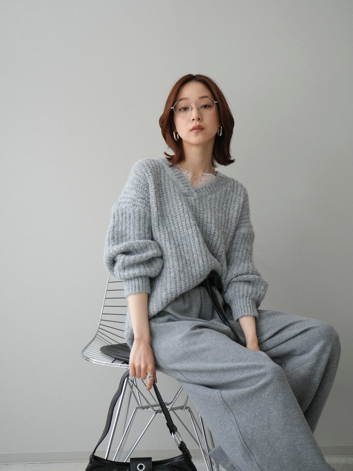 [SET]Vネックレースニットプルオーバー+編み込みベルト付きウエスト配色スエットパンツ(2set)