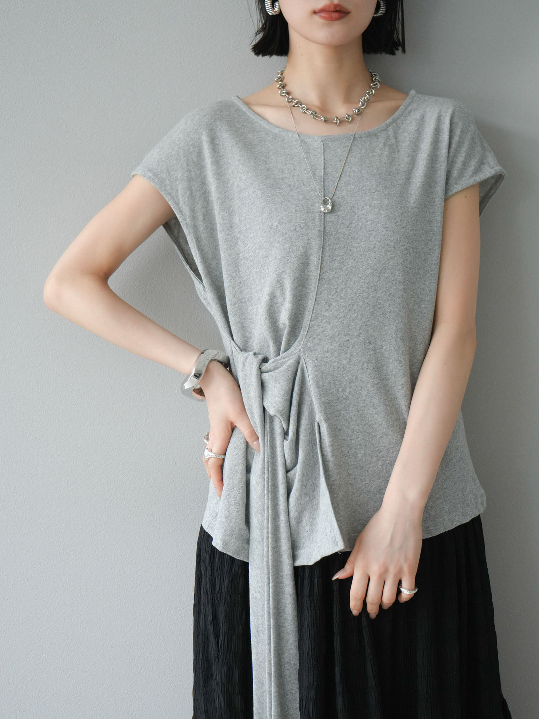 [予約]フロント巻きデザインカットソー/グレー