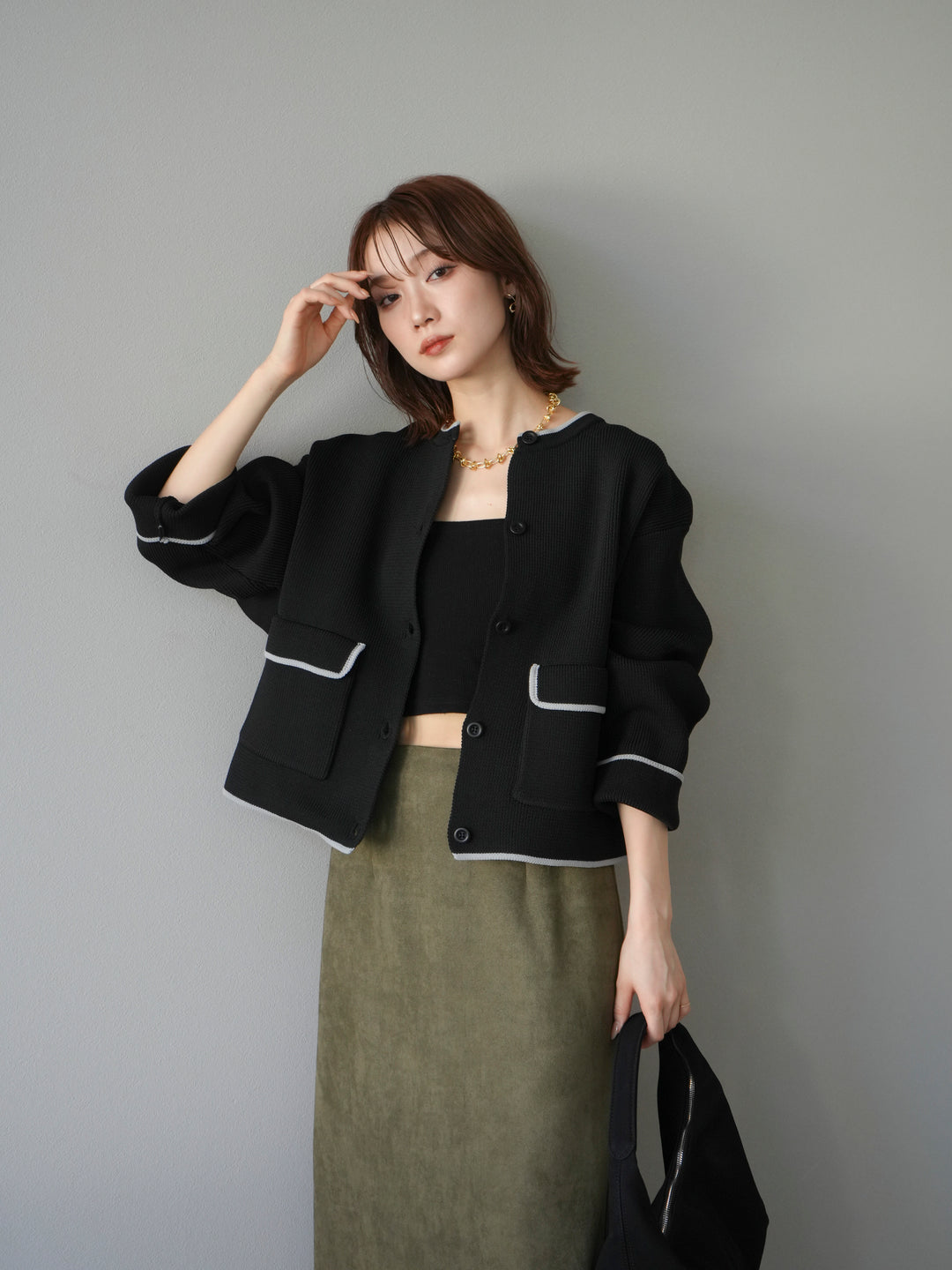 [予約]ポリエステル配色クルーネックカーディガン/ブラック