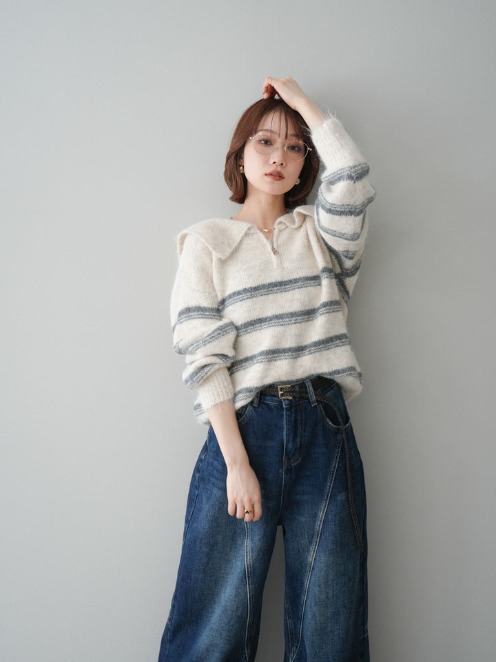 [SET]ハーフジップボーダーニットプルオーバー+裏起毛加工デニムカーブパンツ(2set)