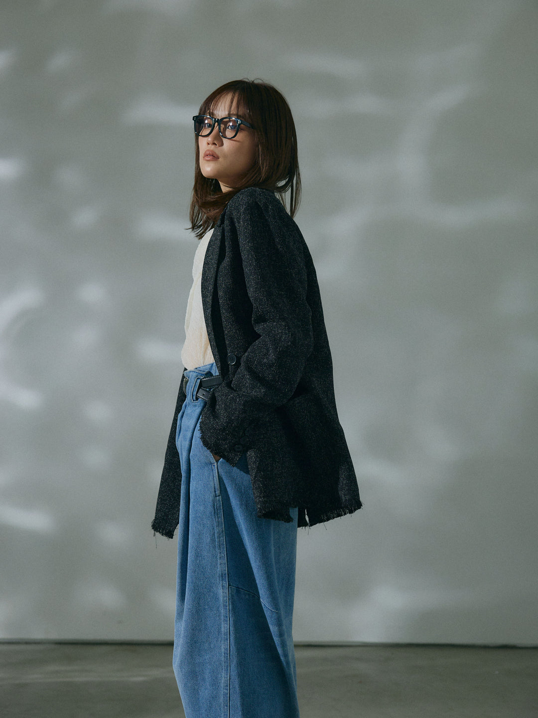【Allure】[SET]スラブツイードフリンジテーラージャケット+ハイウエストベルトループデザインデニムパンツ(2set)
