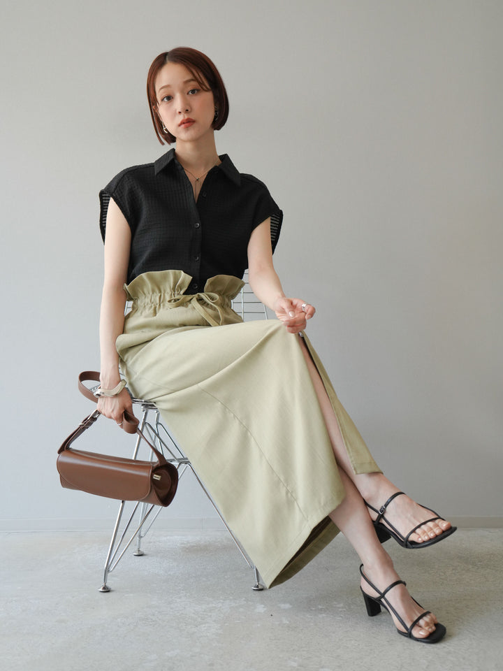 [SET]シアーチェックノースリーブシャツ+ヘザーエステルギャザージップスカート(2set)