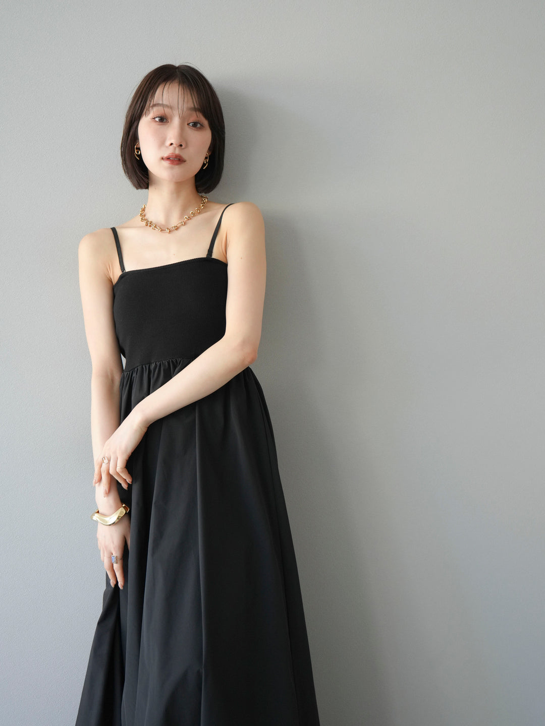 [予約]異素材ドッキングカップ付ベアキャミバルーンワンピース/ブラックブラック