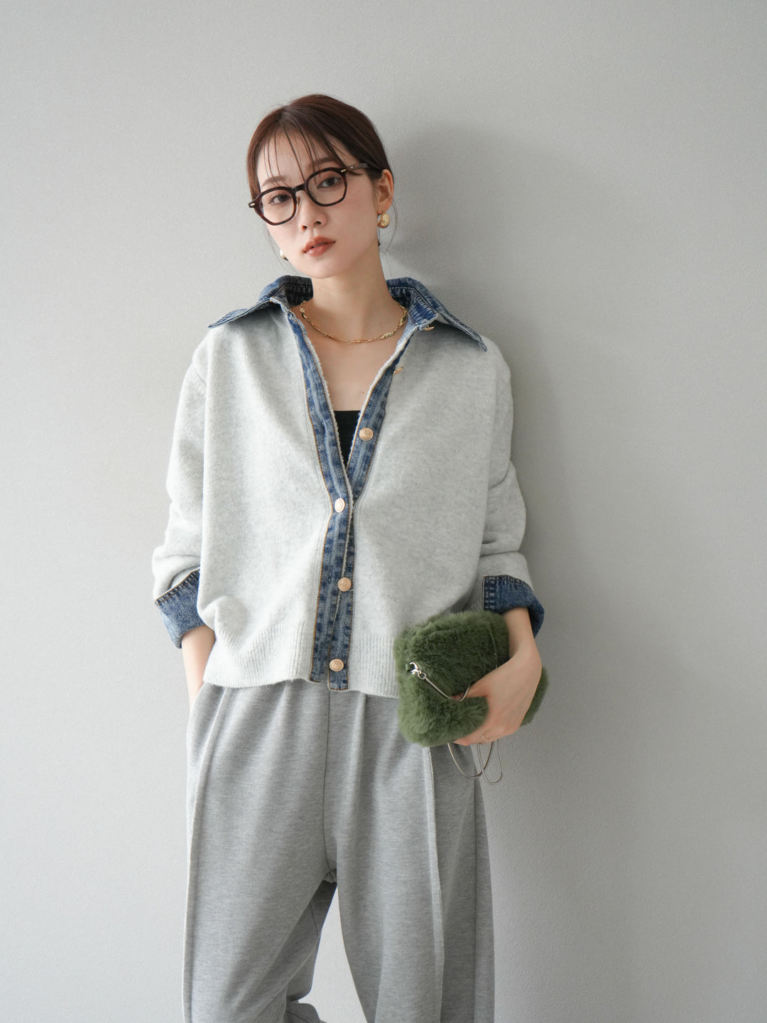 【着回しセット】[SET]デニム襟ボタンニットカーディガン+デニム襟ボタンニットカーディガン+2WAYデザインスウェットパンツ(3set)