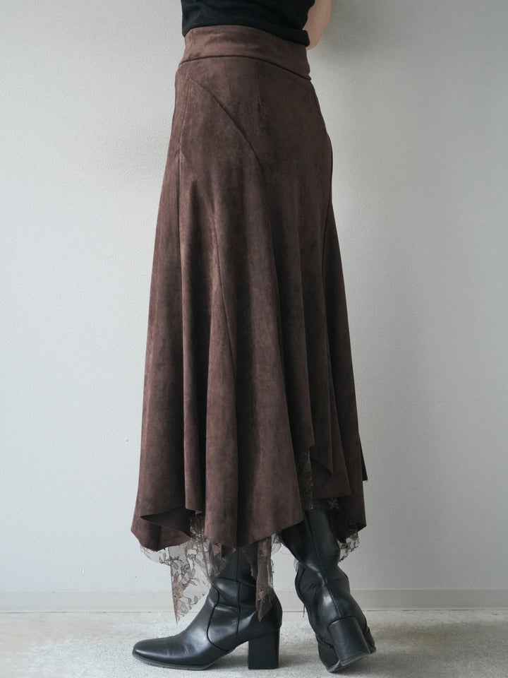 [予約]スエード裾レースアシンメトリースカート/brown