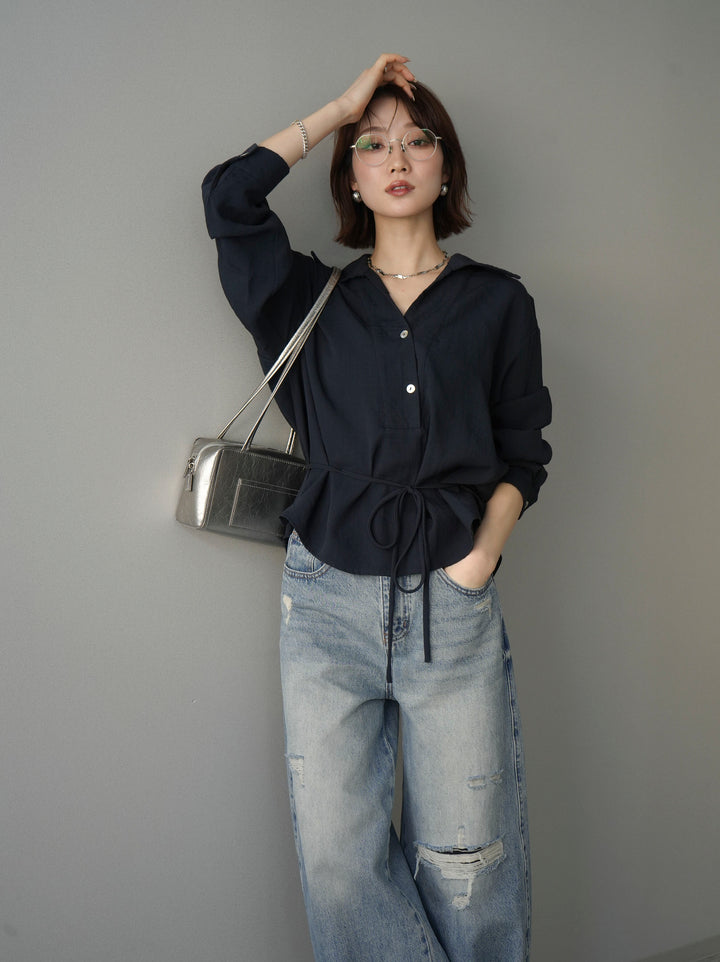 [予約]Vネック変形ラインシャツ/navy
