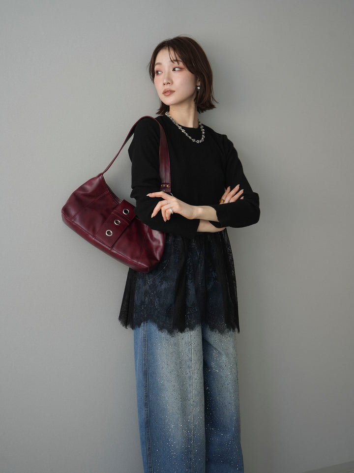 [SET]クルーネックレースドッキングリブニットトップス+フロントビジューカーブデニムパンツ(2set)