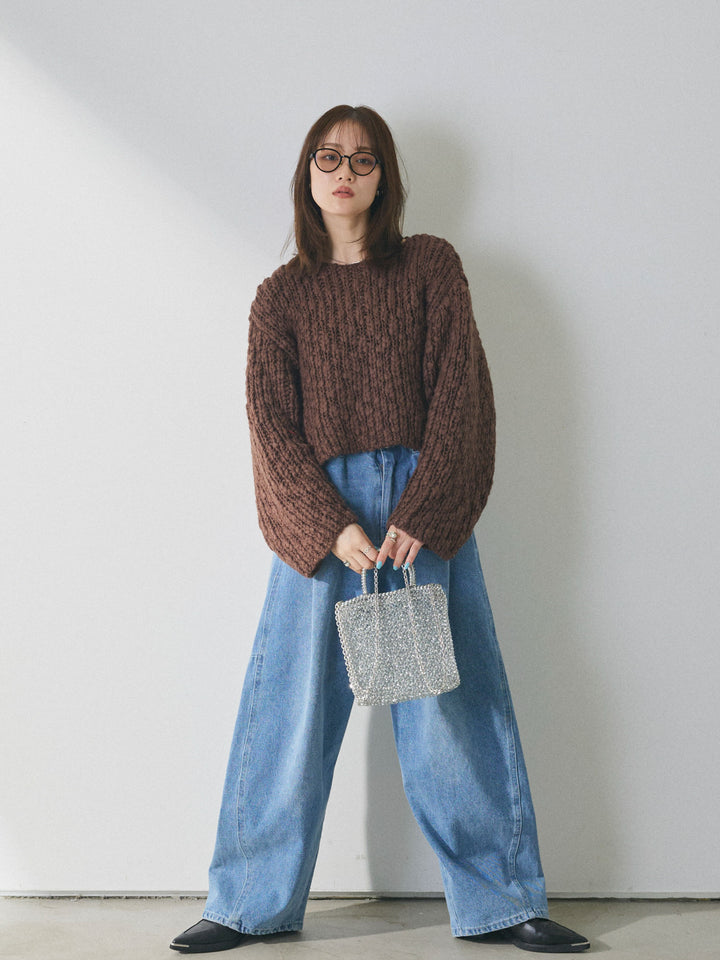 【Allure】[SET]クロップドチャンキースラブニットプルオーバー+ハイウエストベルトループデザインデニムパンツ(2set)