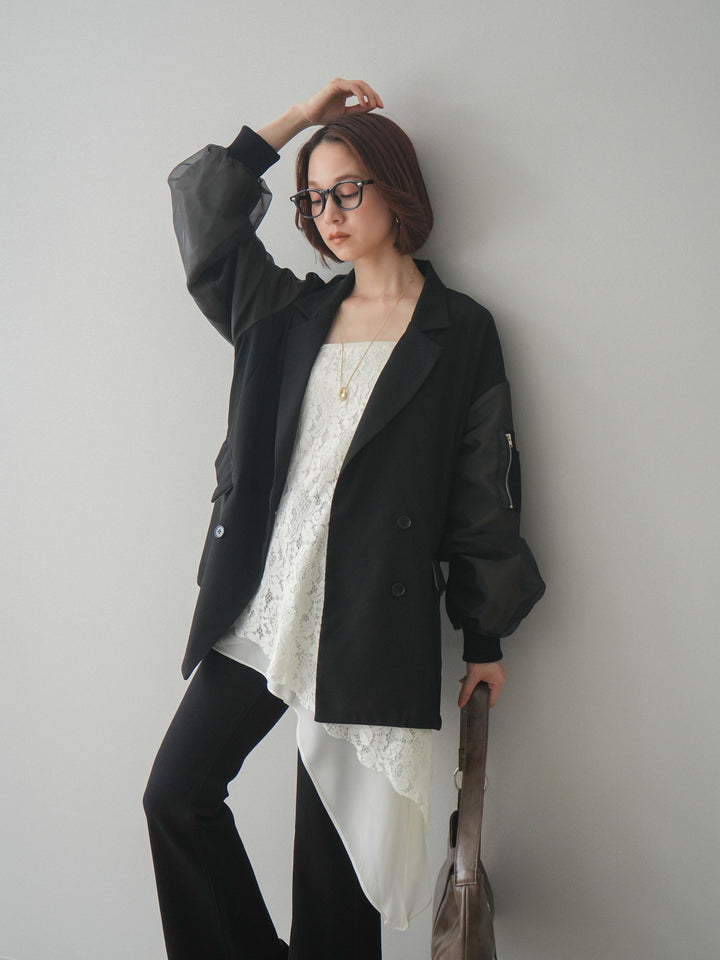 [SET]MA-1ドッキングデザインジャケット+シフォンレイヤードアシンメトリーレースキャミソール+ハイウエストフレアデニムパンツ(3set)