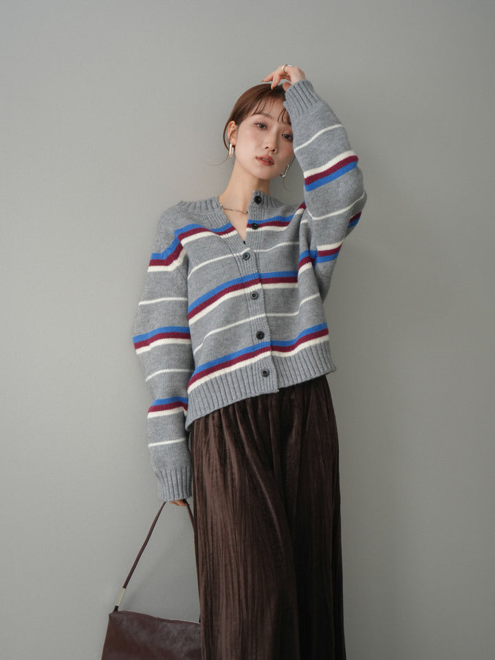 [予約]ランダムボーダーニットカーディガン/gray