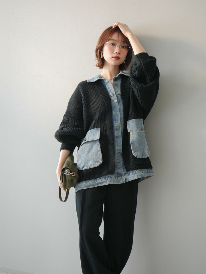 [予約]デニムドッキングオーバーニットジャケット/black