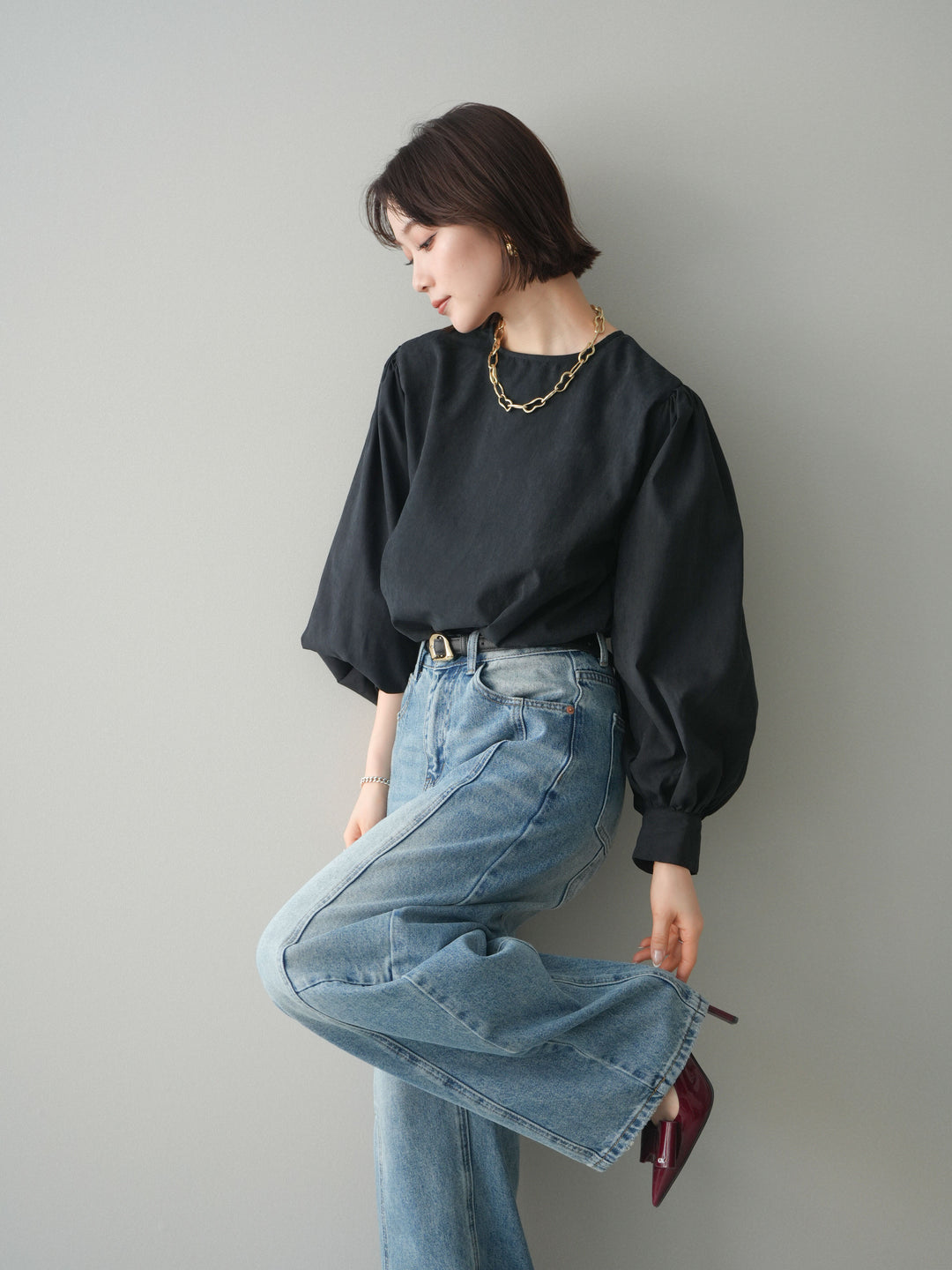 [予約]2WAYピーチスキンボリュームスリーブブラウス/black