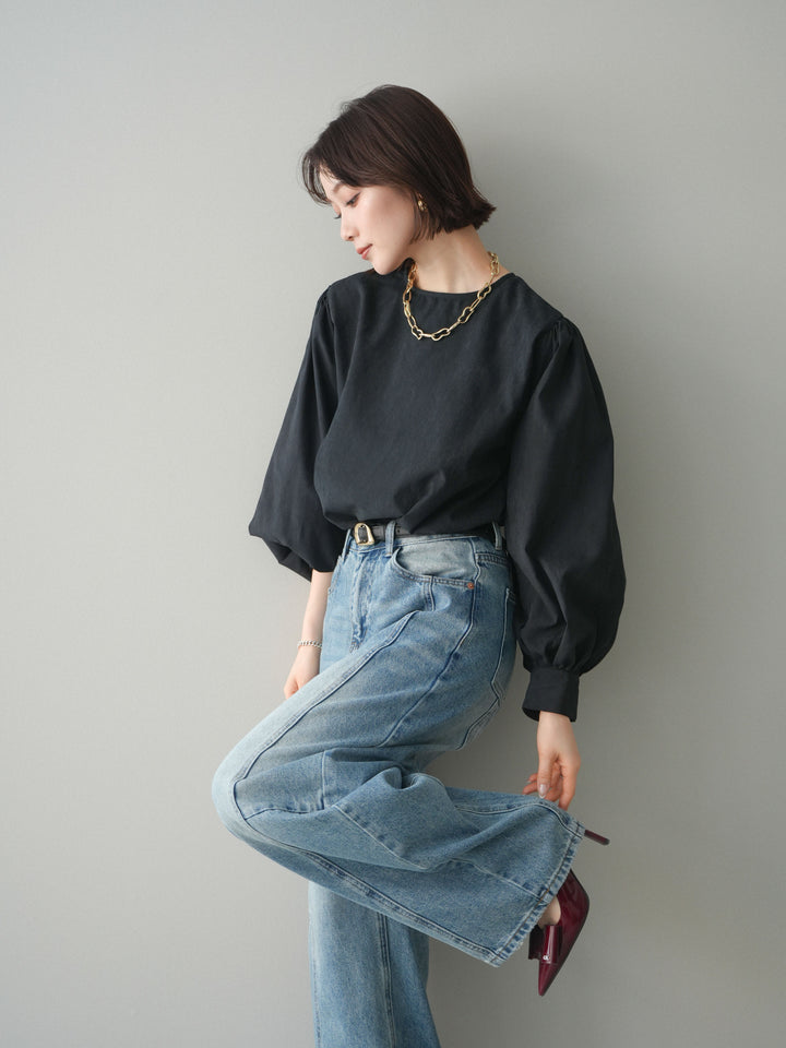 [予約]2WAYピーチスキンボリュームスリーブブラウス/black