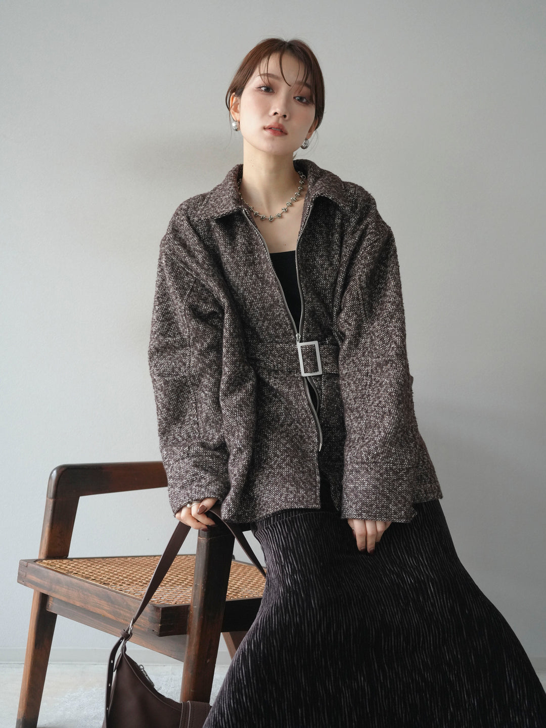 [予約]起毛ツイードベルトぺプラムジャケット/brown