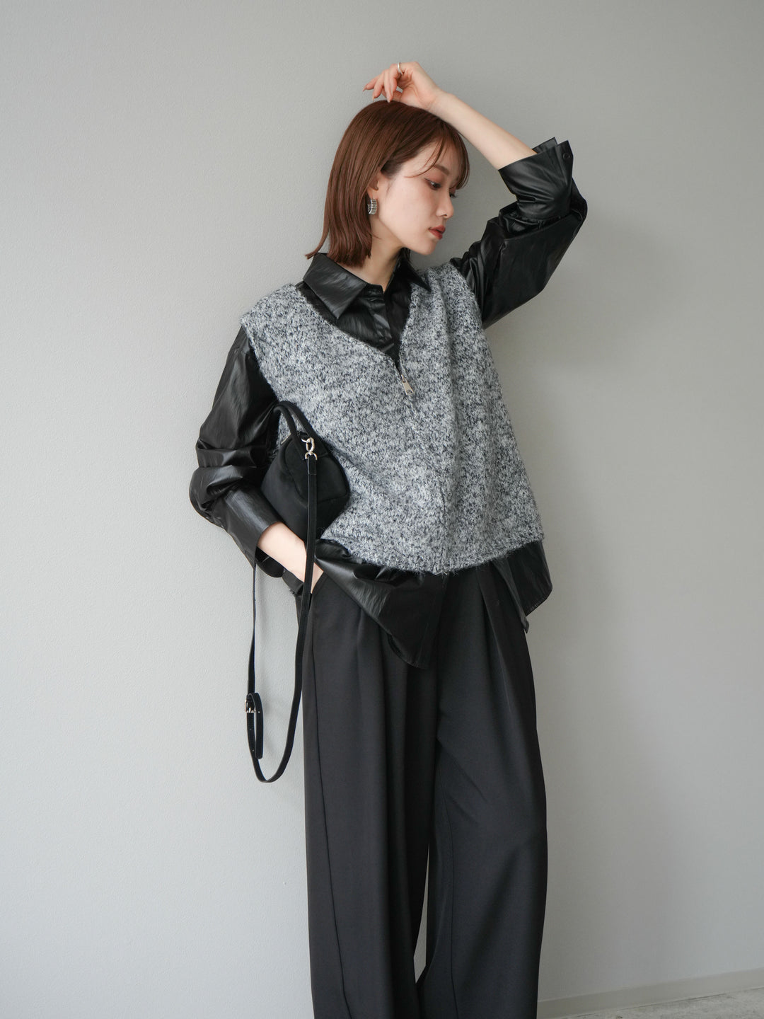 [予約]フェイクレザーシャツ/ブラック