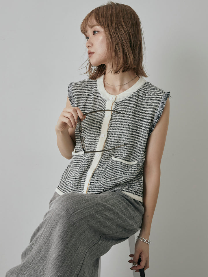 [予約]ボーダー袖フリンジニットベスト/オフ
