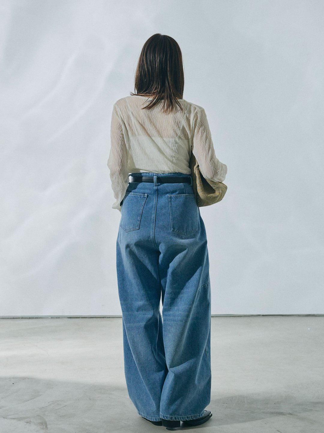 【Allure】[SET]ストレッチレースドレープトップス+ハイウエストベルトループデザインデニムパンツ(2set)