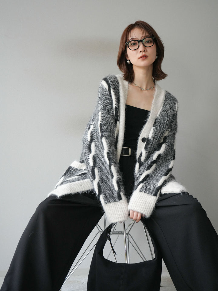 [SET]バイカラー編み込みデザインニットカーディガン+ベルトループデザインワイドパンツ(2set)