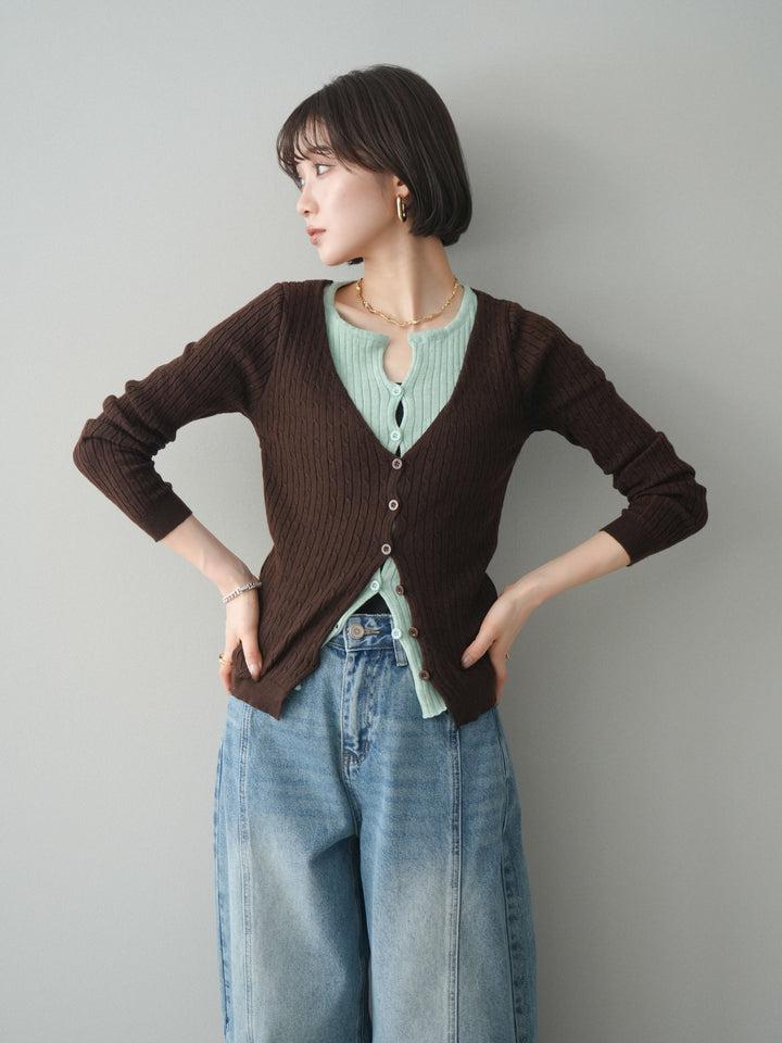 [予約]バイカラーレイヤードニットカーディガン/brown
