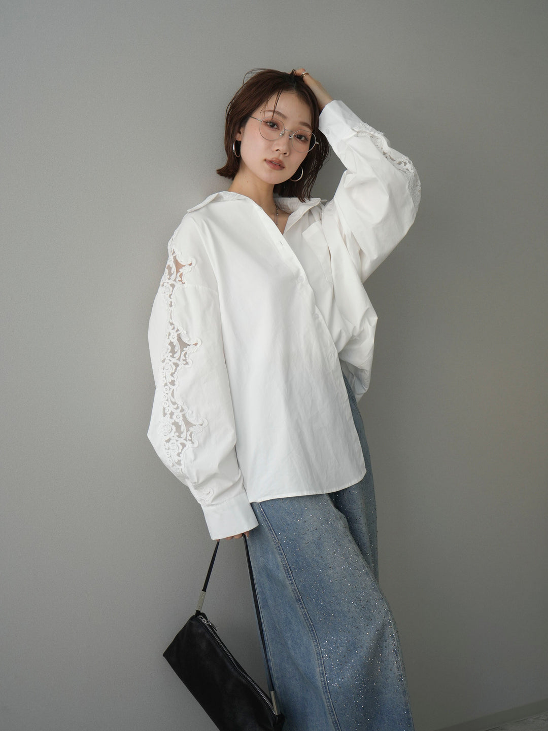 [SET]アームレースブロードシャツ+フロントビジューカーブデニムパンツ(2set)