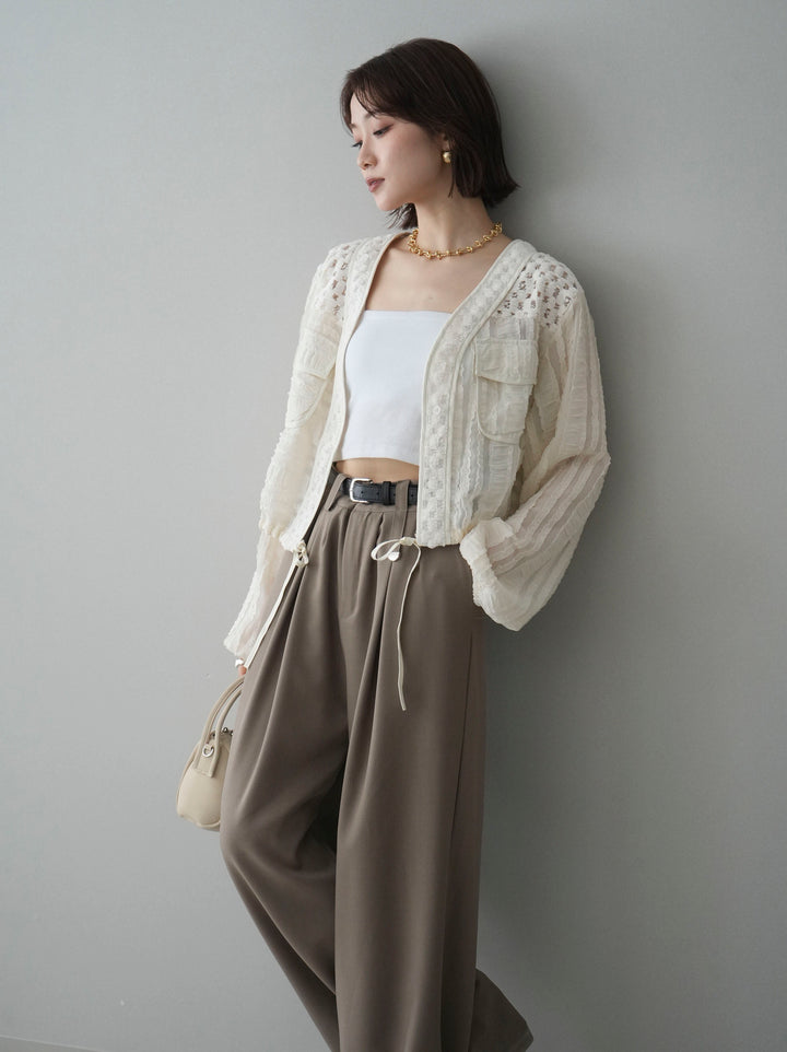 [SET]パッチワークシアーフリルブルゾン+カップ付テレコリブベアキャミソール+ベルト付キーホルダーモチーフワイドパンツ(3set)