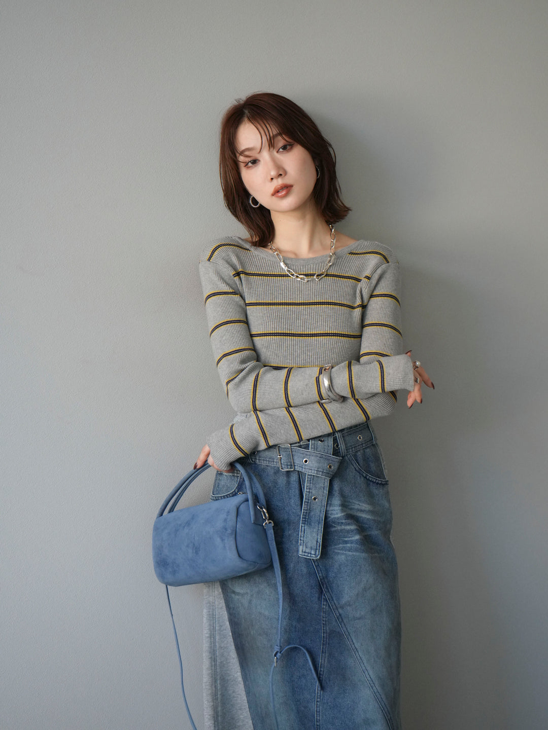 [予約]バックオープンボーダーテレコリブトップス/グレー