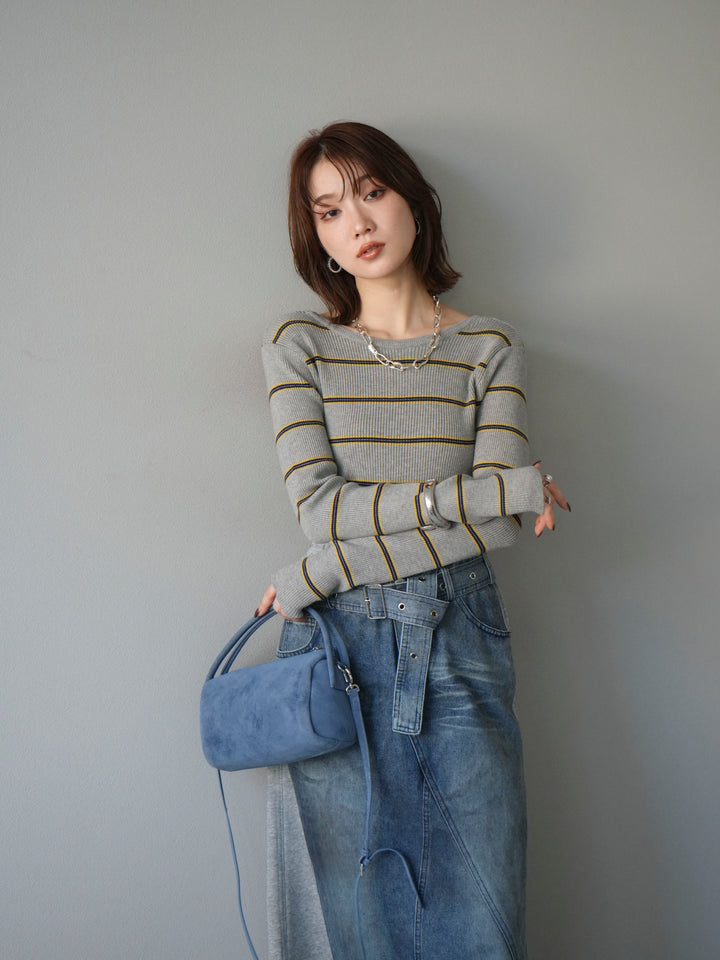 [予約]バックオープンボーダーテレコリブトップス/グレー